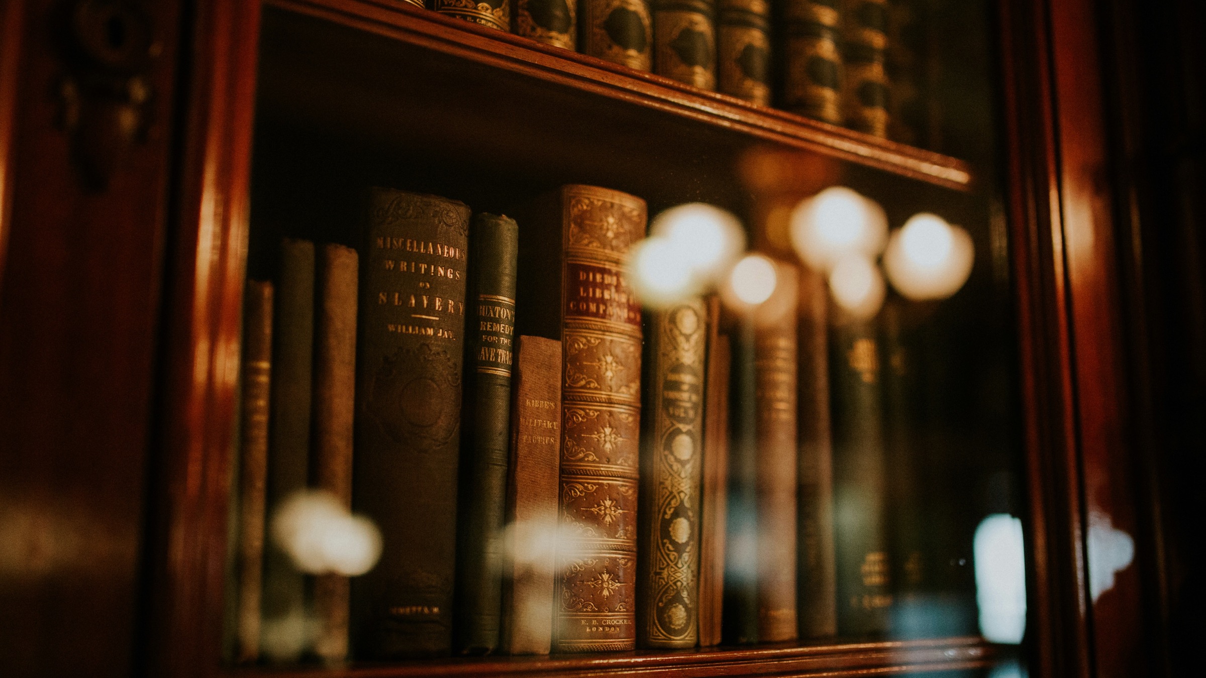 Leather-bound law books in a wooden bookcase