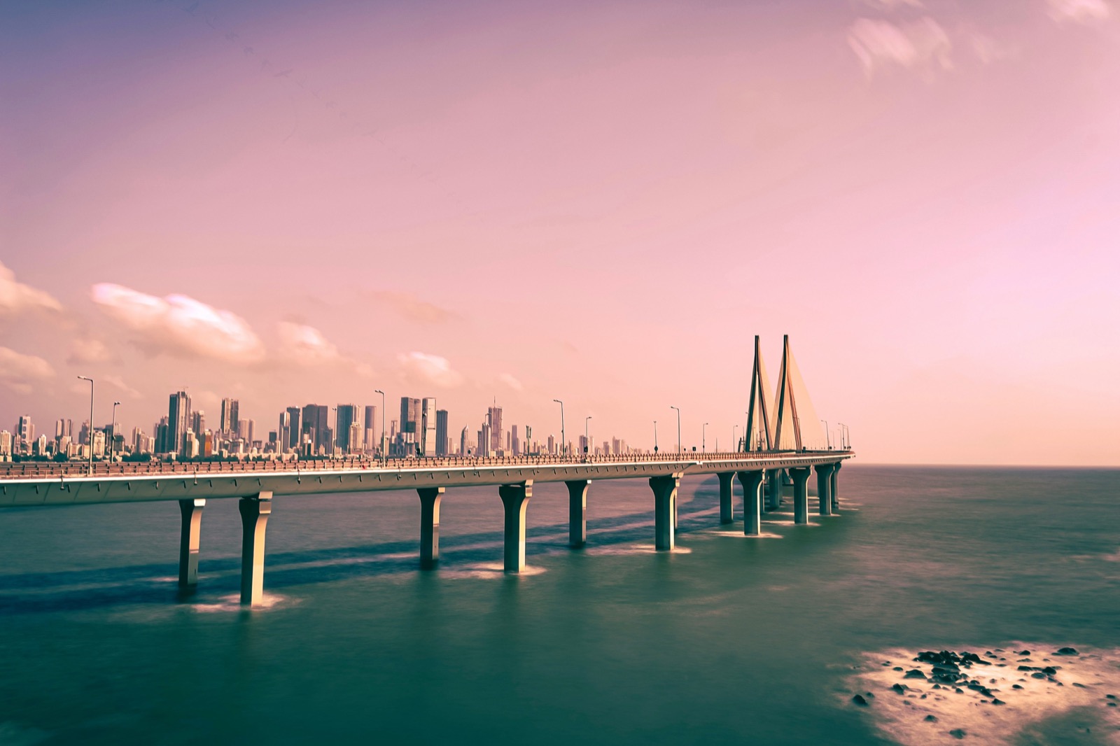 Bandra-Worli Sea Link and Mumbai skyline at dusk